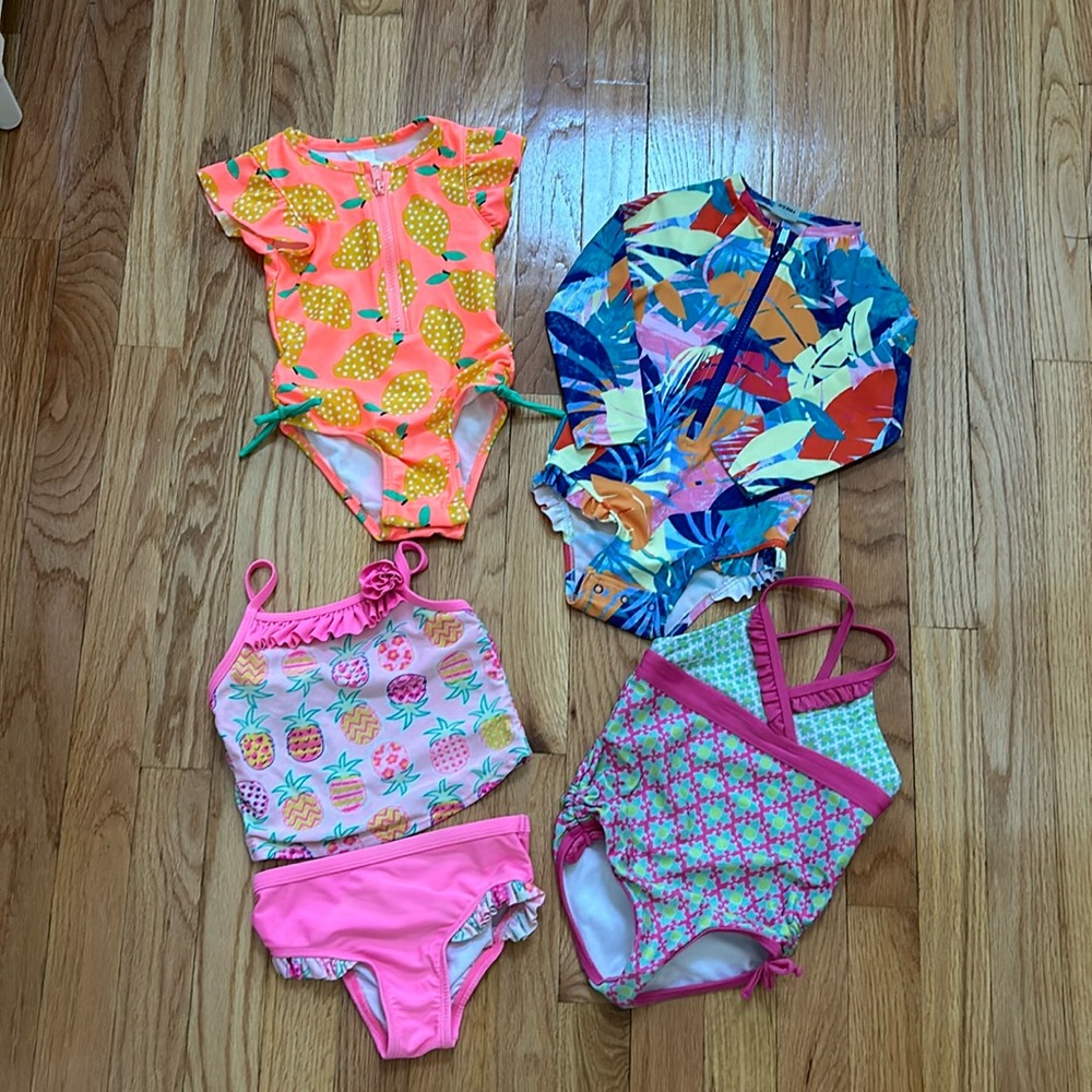 Lot of 4 Little Girl Bathing Suits Lemons Cat & Jack OP Old Navy Rashguard